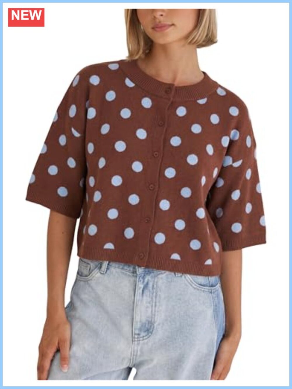 Cropped Polka Dot Cardigan Short Sleeve Button Front Knit Sweater Top